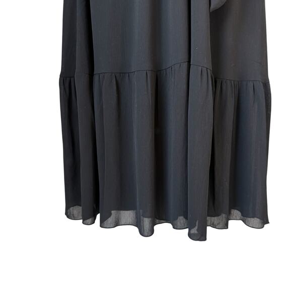 Fit  Flare Black Midi Dress Small Flutter Sleeve Mock Wrap Coquette Flirty Flowy - Picture 3 of 16